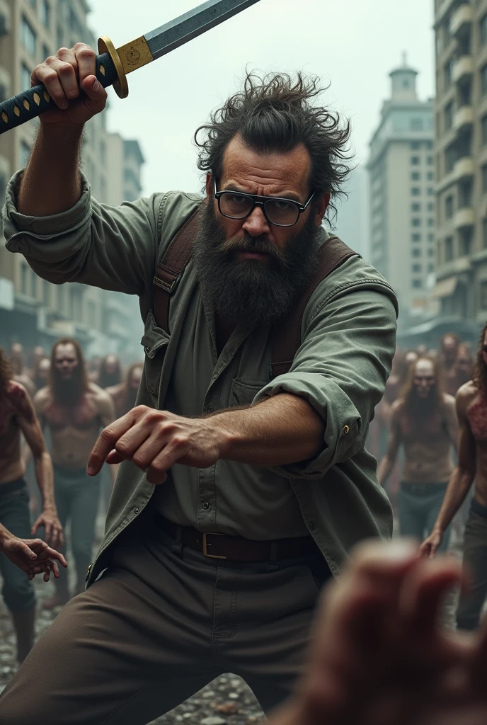 Hairy man, with glasses and beard, killing zombies in the zombie apocalypse with a katana