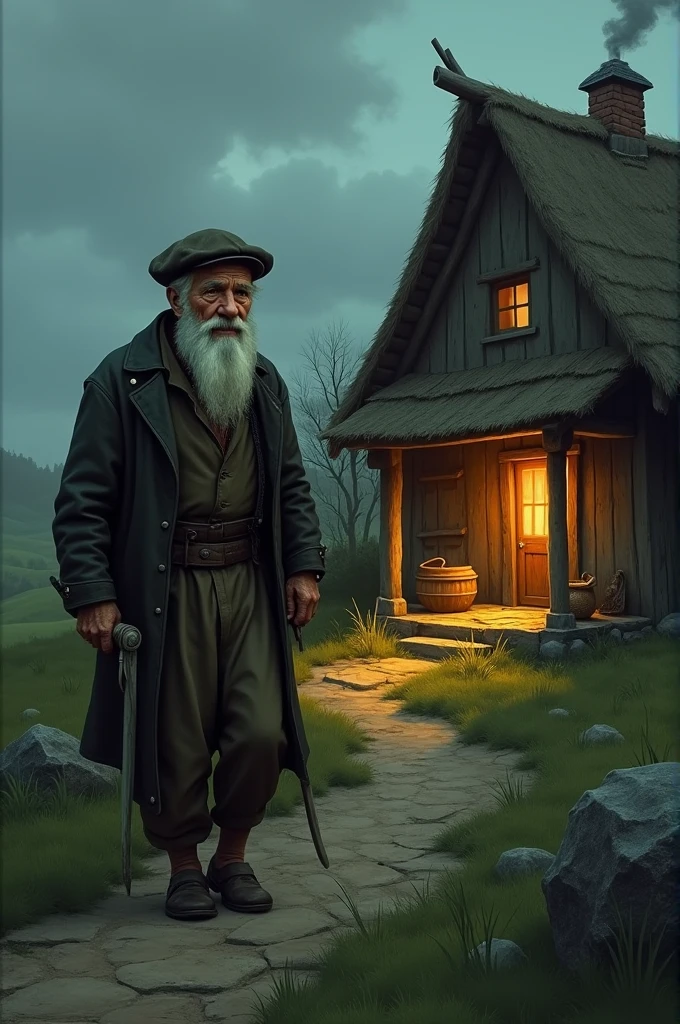 The old man with the beard and cap traveled all day and in the evening took shelter in a house for the night.