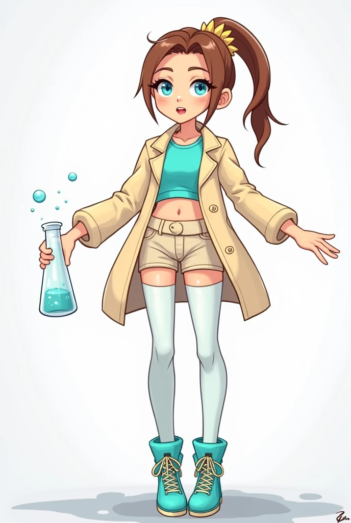 1girl,beautiful detailed eyes,beautiful detailed lips,extremely detailed eyes and face,long eyelashes,beautiful young woman in her early 20s,tight-fitting hotpants,dark brown hair,lab coat,long coat,blue eyes,bright colored short sleeve shirt,researcher,flask,beautiful 5.5 head proportions,attractive appearance,captivating legs,standing at attention,direct gaze,frontal view