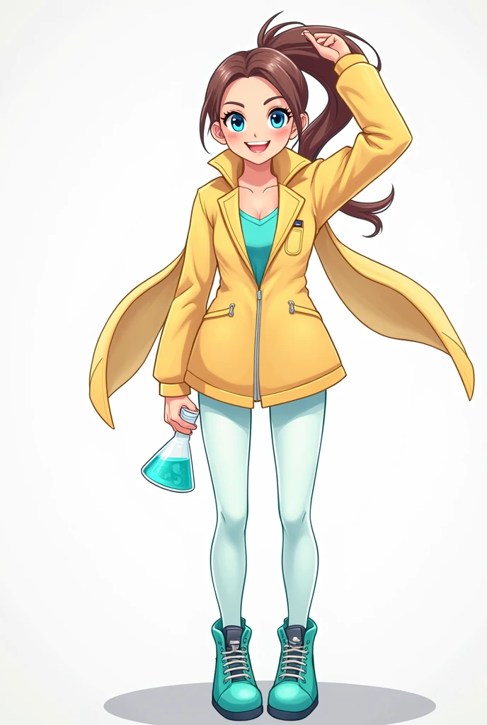 1girl,beautiful detailed eyes,beautiful detailed lips,extremely detailed eyes and face,long eyelashes,beautiful young woman in her early 20s,tight-fitting hotpants,dark brown hair,lab coat,long coat,blue eyes,bright colored short sleeve shirt,researcher,flask,beautiful 5.5 head proportions,attractive appearance,captivating legs,standing at attention,direct gaze,frontal view
