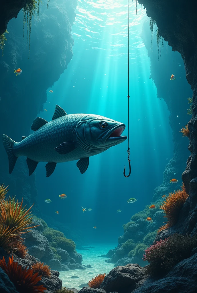Create a cinematic poster featuring (big fish underwater),(best quality,ultra-detailed,realistic),the fish is looking at fishing hook, underwater photography,clear blue water,lush underwater plants,colorful coral reefs,tropical fish swimming gracefully,big zander fish lurking in the shadows,sparkling sunlight piercing through the water surface,scattered bubbles adding a sense of movement,dimly lit underwater cave in the background,vibrant colors illuminating the scene,faint rays of light enhancing the mystery and beauty of the underwater world, At the bottom of the poster, place the text "It's obvious" in large, bold, distressed letters,