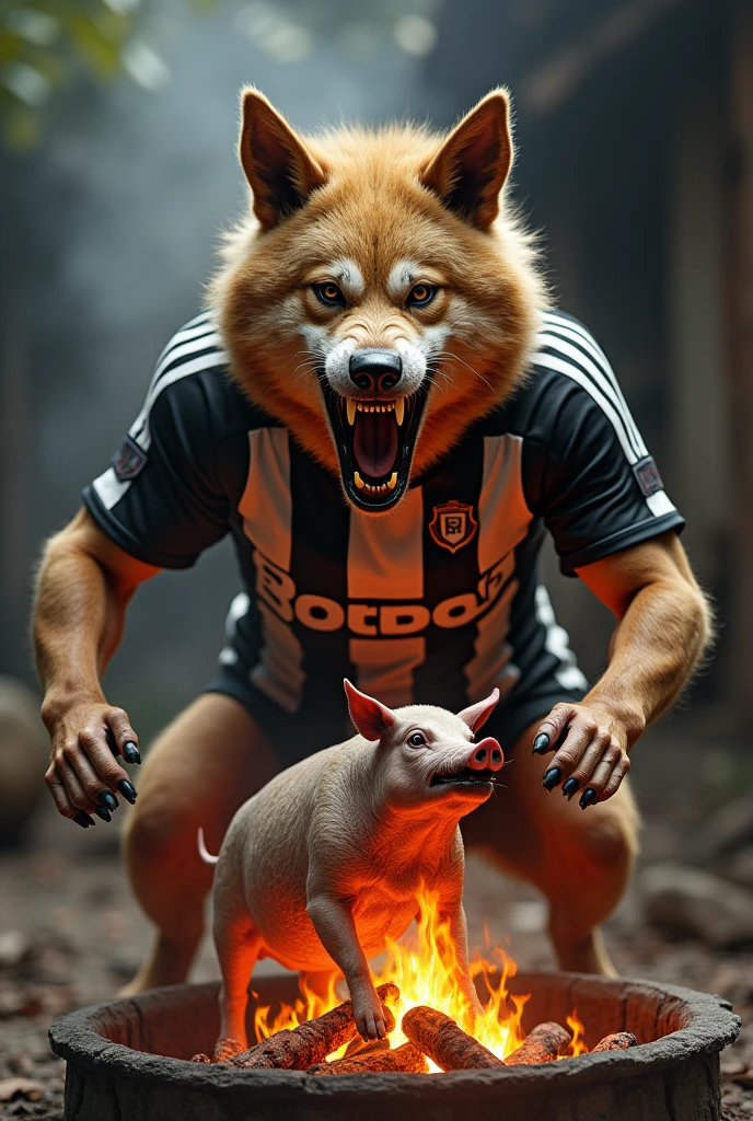 Angry dog wearing a Botafogo RJ shirt frying a pig