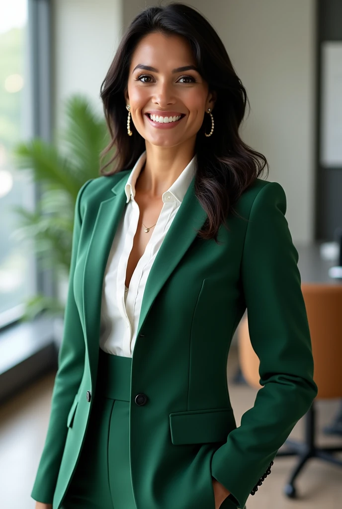A Brazilian woman in an office, dressed in green formal wear
