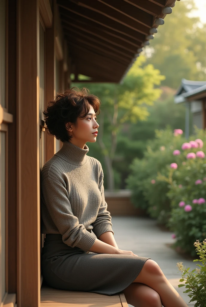 (photorealism:1.2), beautiful woman, sitting on porch, wearing turtleneck sweater, pencil skirt, short curly hair, outdoors, soft lighting, plants in garden, relaxed pose, realistic, intricate details, warm colors, japanese style home