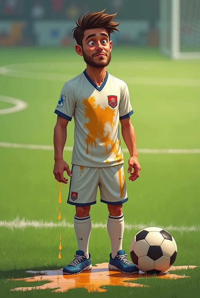 a soccer player,pee stain,Dripping to the ground，Awkward