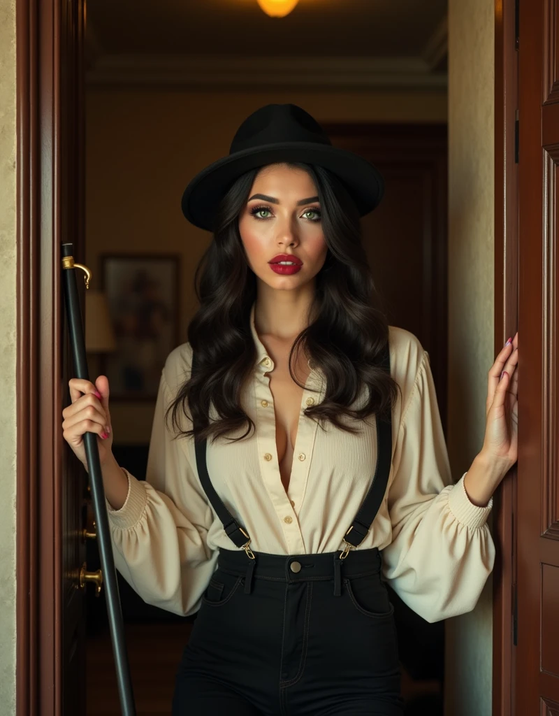 (hyperrealism, sharp images, photorealistic) (point of view from her thighs) (head to toe portrait), (highly detailed face:1.4), (highly detailed skin:1.4), (20 years old woman) (she has very black wavy hair, white skin) (breast size: 1.3), detailed hd beautiful dark green eyes, lips marked with red lipstick, flirtatious look, big light green eyes, bold black eye shadows, huge eyelashes, (wears 80's mafia style clothes with suspenders (in brown and cream colors, in sober tones), she wears a hat) (she holds a rod in her hands and she is in the door frame, with one leg resting on the door.) (brown tones atmosphere in an elegant living room)