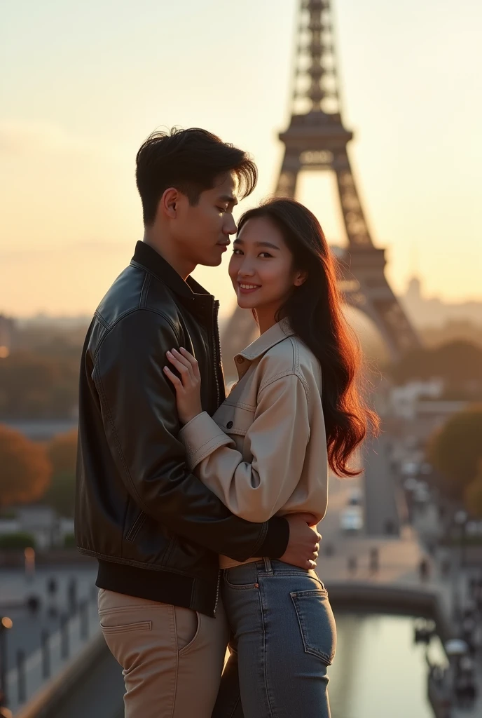 Photography of a 25 year old Asian guy wearing a cool jacket, pants and shoes being embraced by a beautiful 20 year old Asian woman looking forward with a romantic European icon background