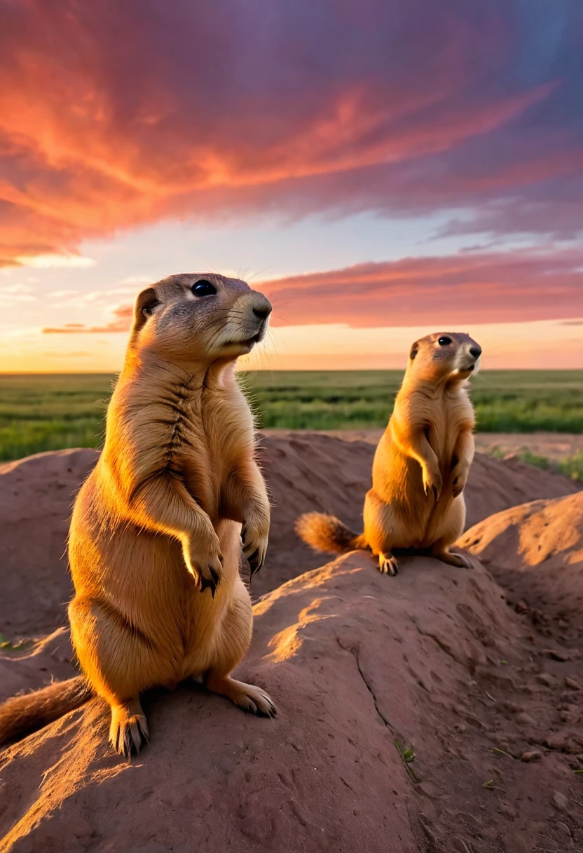 Prairie dogs living on the great plains, a beautiful sunset, crimson clouds floating in the distance, the prairie dogs standing upright and looking into the distance, so cute, the beauty of nature, the wind is blowing, the shadows are deep due to the backlight, professional lighting.