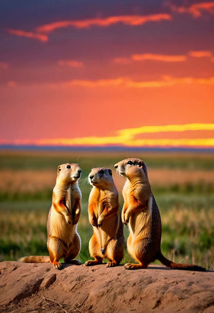 Prairie dogs living on the great plains, a beautiful sunset, crimson clouds floating in the distance, the prairie dogs standing upright and looking into the distance, so cute, the beauty of nature, the wind is blowing, the shadows are deep due to the backlight, professional lighting.