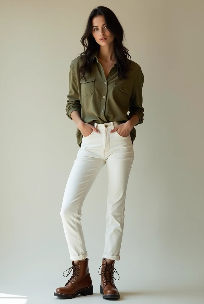 One Woman wearing olive colour shirt, white pant , brown boots