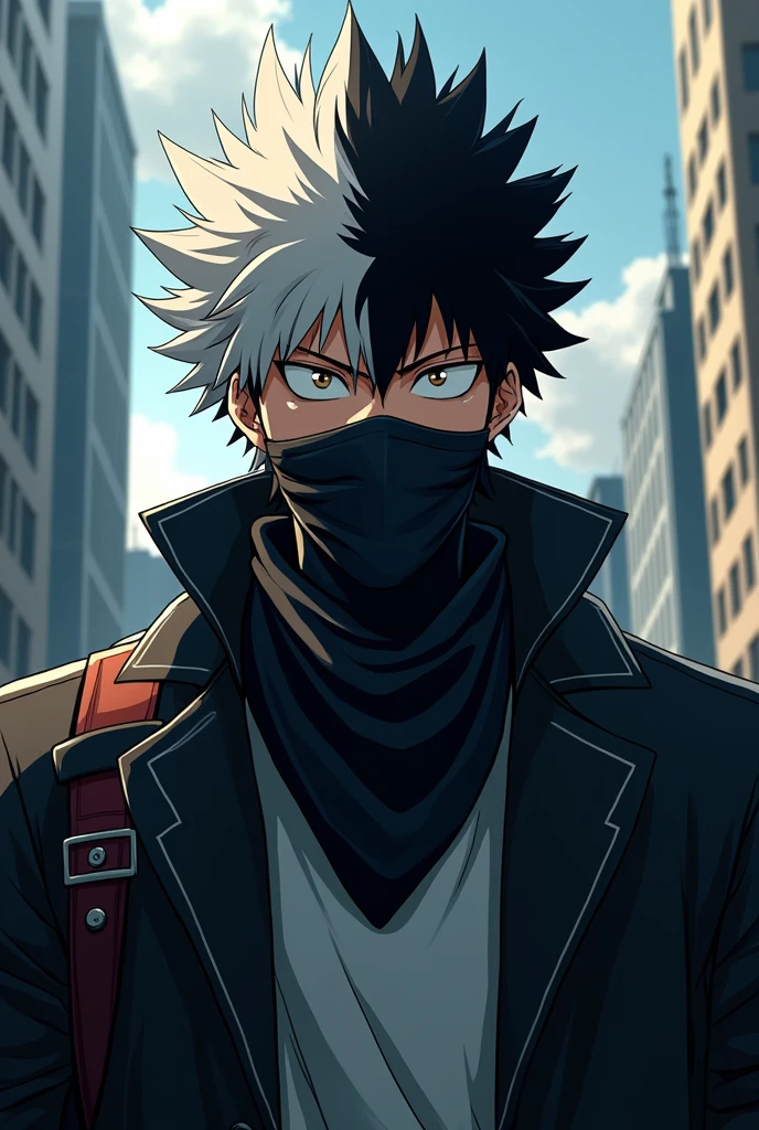 A character version of the anime my hero academia a man with a bandana covering his mouth black with white hair