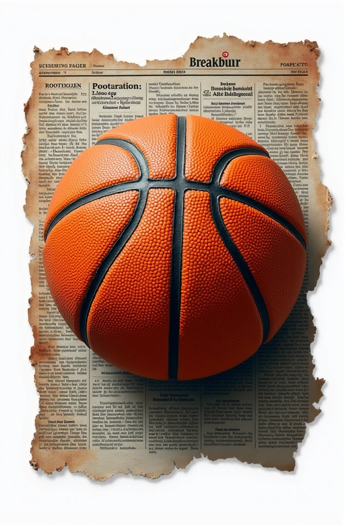 Make a transparent png image of a basketball printed on a torn newspaper