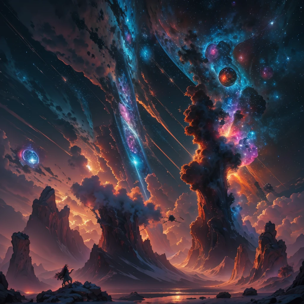Cosmic abyss in concept art style, with vibrant colors and striking contrasts. The black hole should be represented as a powerful and enigmatic entity, with tentacles of dark energy stretching into space. The stars must look like diamonds set in a velvety black sky. Resolution should be 8K, with precise digital brushstrokes and post-processing effects that enhance the depth and dimension of the image."
Option 3: Specific Elements
* "Cosmic abyss with pillars of creation, horsehead nebulae and a supernova exploding in vibrant colors. The foreground should feature a rocky, desolate planet, with craters and steep mountains. Resolution should be 8K, with depth of field effects and dramatic lighting that highlight the details of each element