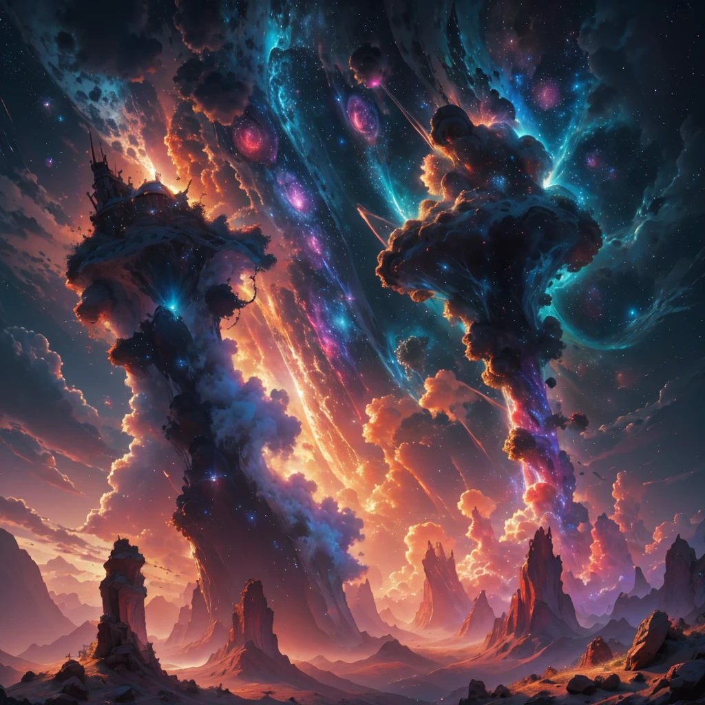 Cosmic abyss in concept art style, with vibrant colors and striking contrasts. The black hole should be represented as a powerful and enigmatic entity, with tentacles of dark energy stretching into space. The stars must look like diamonds set in a velvety black sky. Resolution should be 8K, with precise digital brushstrokes and post-processing effects that enhance the depth and dimension of the image."
Option 3: Specific Elements
* "Cosmic abyss with pillars of creation, horsehead nebulae and a supernova exploding in vibrant colors. The foreground should feature a rocky, desolate planet, with craters and steep mountains. Resolution should be 8K, with depth of field effects and dramatic lighting that highlight the details of each element
