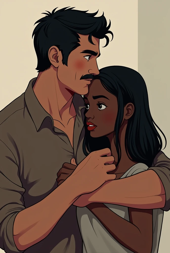 Two people, a 30-year-old man with a mustache, white skin, and an 18-year-old girl with dark skin., shy face and straight hair, where the man takes a protective pose