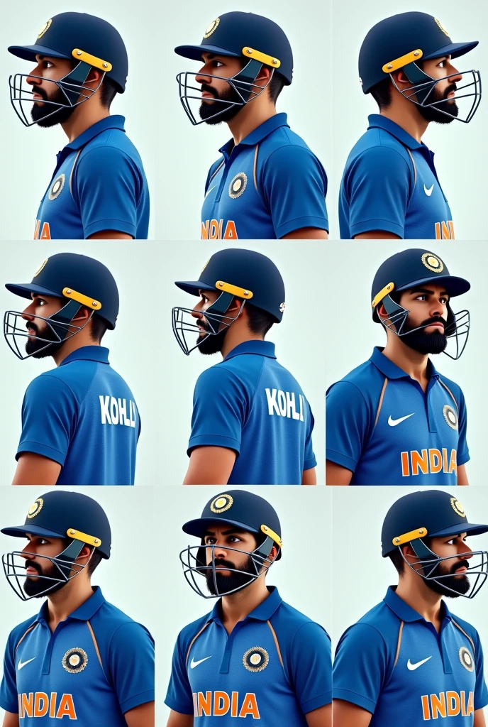 Give me a cricket player Virat Kohli with INDIA written on his blue jersey and wearing a cricket helmet,Nine views,drop shadow, anaglyph, stereogram, tachi-e, ass pov, atmospheric perspective, 8k, super detail, best quality