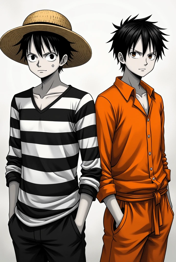 Monkey D. Luffy in a black and white striped long-sleeved prison uniform and Monkey D. .... Luffy in orange long sleeve prison uniform Original anime One Piece