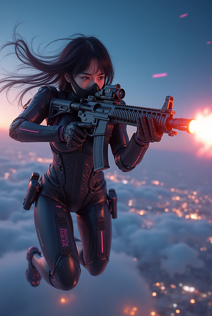 photo-realistic, ultra-realistic, very beautiful Japanese, famous Japanese idol but the strongest soldier in the world, 20 years old, dramatic scene, masterpiece, beautiful eyes, (extremely intricated with extremely complex cyber punk mecha armored full-face gas mask:1.5), (wearing the absolute strongest cyber punk mecha-suits with neon marker:1.5), (She uses the ultra high power rocket engine thruster on her back to flying high speed in the sky:1.5), amazing view from sky at night, smile, acrobatic pose, dynamic angle, (aim and shoot:1.3), spectacular and intense aerial battles, Nimble movements, Sharp turns, (very large breasts), (Fully equipped for battle:1.3), (holding m4a1 large assault rifle:1.2),