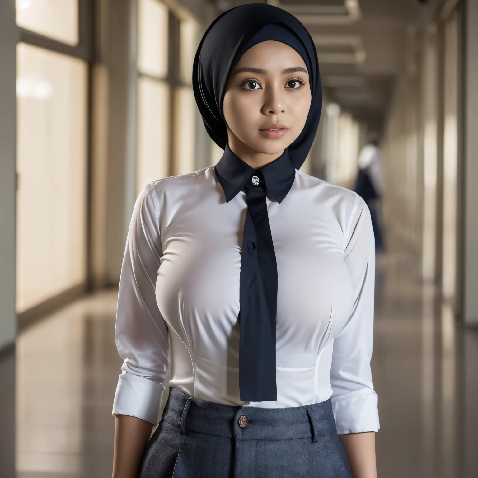 5, Hijab Indonesian mature woman, Fake Large Mature  : 96.9, ((Long-sleeveles Shirt, Unbuttoned Shirt)), ((Hourglass Body, Busty body, Breast about To burst out)), at School Corridor, Bright light, at Daytime