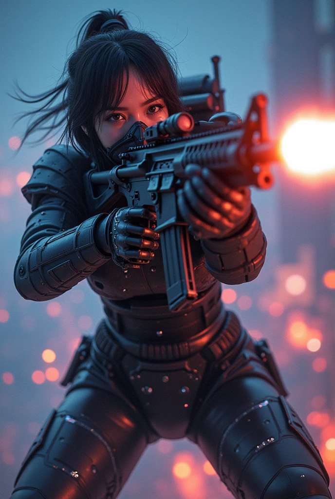 photo-realistic, ultra-realistic, very beautiful Japanese, famous Japanese idol but the strongest soldier in the world, 20 years old, dramatic scene, masterpiece, beautiful eyes, (extremely intricated with extremely complex cyber punk mecha armored full-face gas mask:1.5), (wearing the absolute strongest cyber punk mecha-suits with neon marker:1.5), (She uses the ultra high power rocket engine thruster on her back to flying high speed in the sky:1.5), amazing view from sky at night, smile, acrobatic pose, dynamic angle, (aim and shoot:1.3), spectacular and intense aerial battles, Nimble movements, Sharp turns, (very large breasts), (Fully equipped for battle:1.3), (holding m4a1 large assault rifle:1.2),