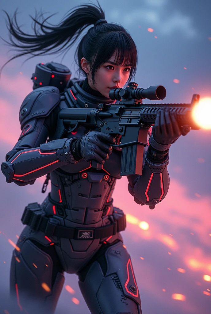 photo-realistic, ultra-realistic, very beautiful Japanese, famous Japanese idol but the strongest soldier in the world, 20 years old, dramatic scene, masterpiece, beautiful eyes, (extremely intricated with extremely complex cyber punk mecha armored full-face gas mask:1.5), (wearing the absolute strongest cyber punk mecha-suits with neon marker:1.5), (She uses the ultra high power rocket engine thruster on her back to flying high speed in the sky:1.5), amazing view from sky at night, smile, acrobatic pose, dynamic angle, (aim and shoot:1.3), spectacular and intense aerial battles, Nimble movements, Sharp turns, (very large breasts), (Fully equipped for battle:1.3), (holding m4a1 large assault rifle:1.2),