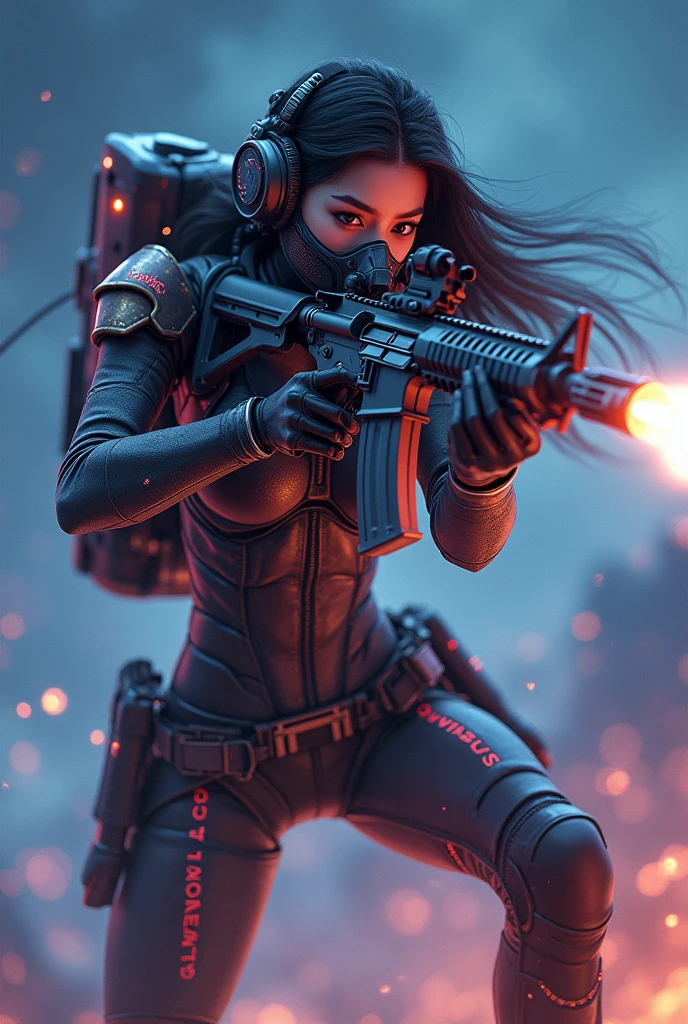 photo-realistic, ultra-realistic, very beautiful Japanese, famous Japanese idol but the strongest soldier in the world, 20 years old, dramatic scene, masterpiece, beautiful eyes, (extremely intricated with extremely complex cyber punk mecha armored full-face gas mask:1.5), (wearing the absolute strongest cyber punk mecha-suits with neon marker:1.5), (She uses the ultra high power rocket engine thruster on her back to flying high speed in the sky:1.5), amazing view from sky at night, smile, acrobatic pose, dynamic angle, (aim and shoot:1.3), spectacular and intense aerial battles, Nimble movements, Sharp turns, (very large breasts), (Fully equipped for battle:1.3), (holding m4a1 large assault rifle:1.2),