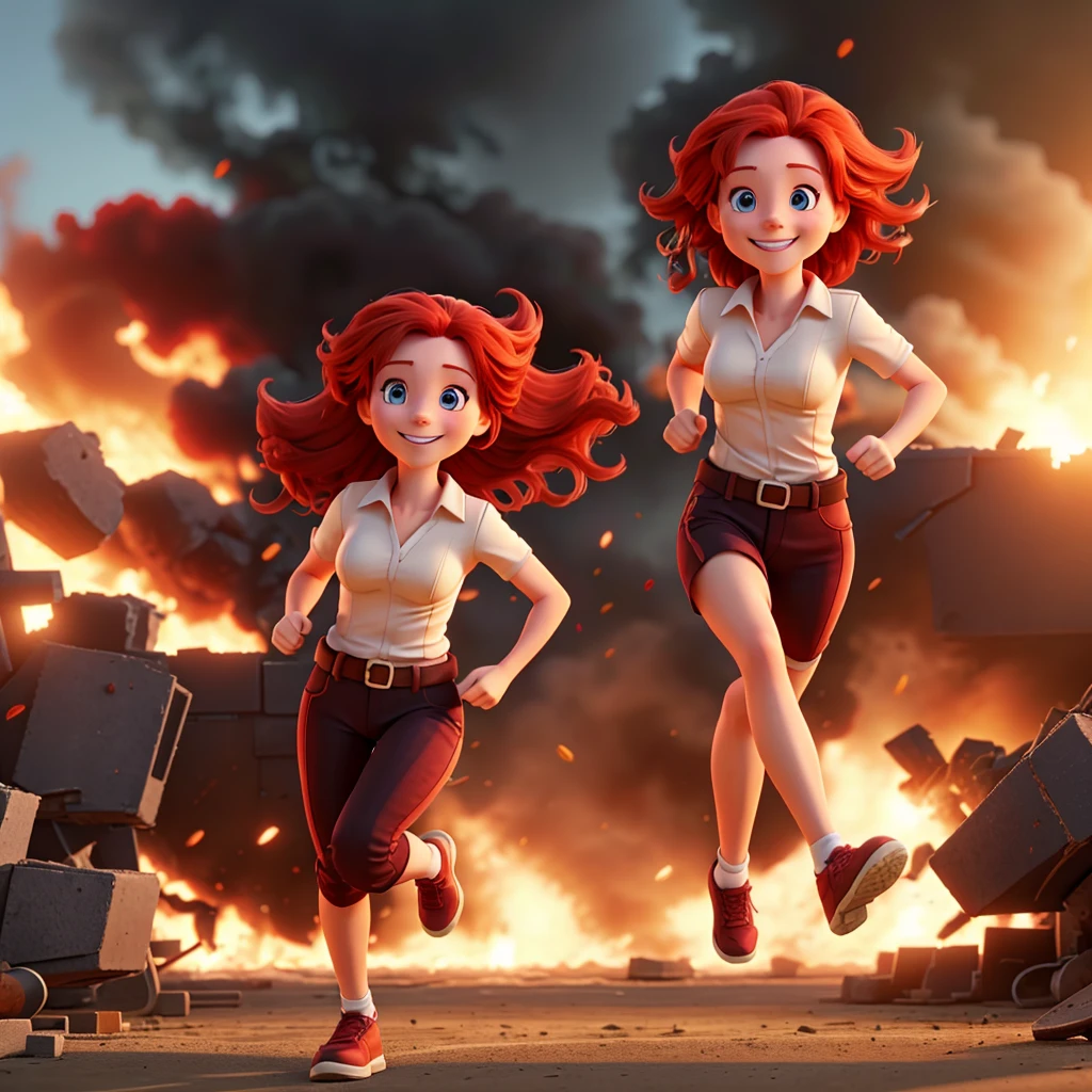 Pretty red haired woman smiling, running from an explosion as if it were an action scene from a movie.