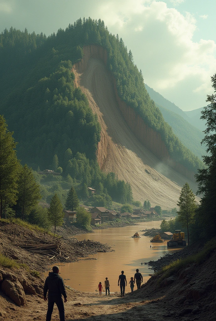 Picture a town located at the foot of a hill that is bald due to deforestation. At the top, the hill shows a landslide that destroyed the houses below it. Around the hill, put an image of a bulldozer cutting down trees, trees that have been cut down, and barren land. At the bottom, add the image of muddy water flowing from the hills to the city, cause flooding. The image of helpless humans in the face of this disaster can be shown in a state of panic or trying to save themselves and their property.