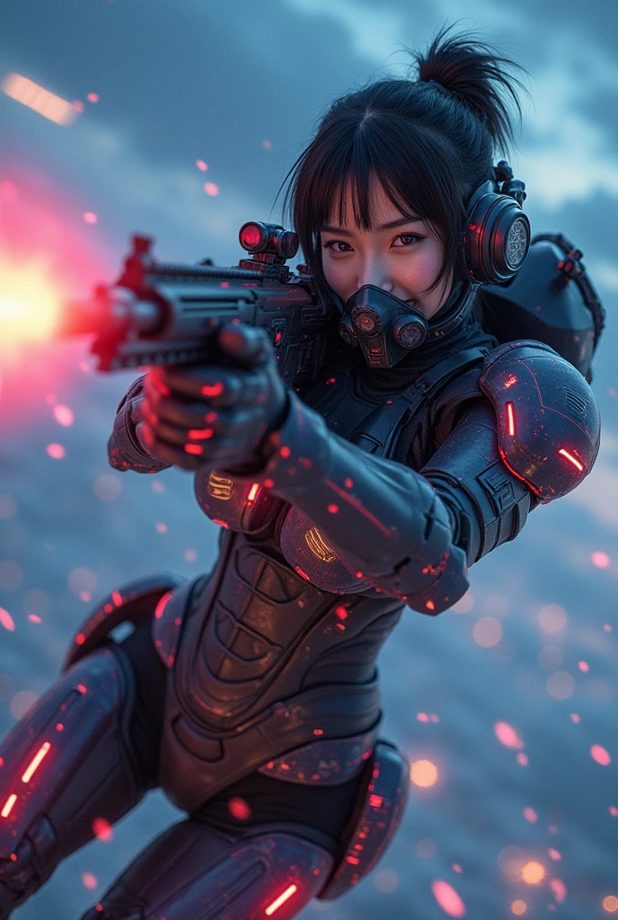 photo-realistic, ultra-realistic, very beautiful Japanese, famous Japanese idol but the strongest soldier in the world, 20 years old, dramatic scene, masterpiece, beautiful eyes, (extremely intricated with extremely complex cyber punk mecha armored full-face gas mask:1.5), (wearing the absolute strongest cyber punk mecha-suits with neon marker:1.5), (She uses the ultra high power rocket engine thruster on her back to flying high speed in the sky:1.5), amazing view from sky at night, smile, acrobatic pose, dynamic angle, (aim and shoot:1.3), spectacular and intense aerial battles, Nimble movements, Sharp turns, (very large breasts), (Fully equipped for battle:1.3), (holding m4a1 large assault rifle:1.2),