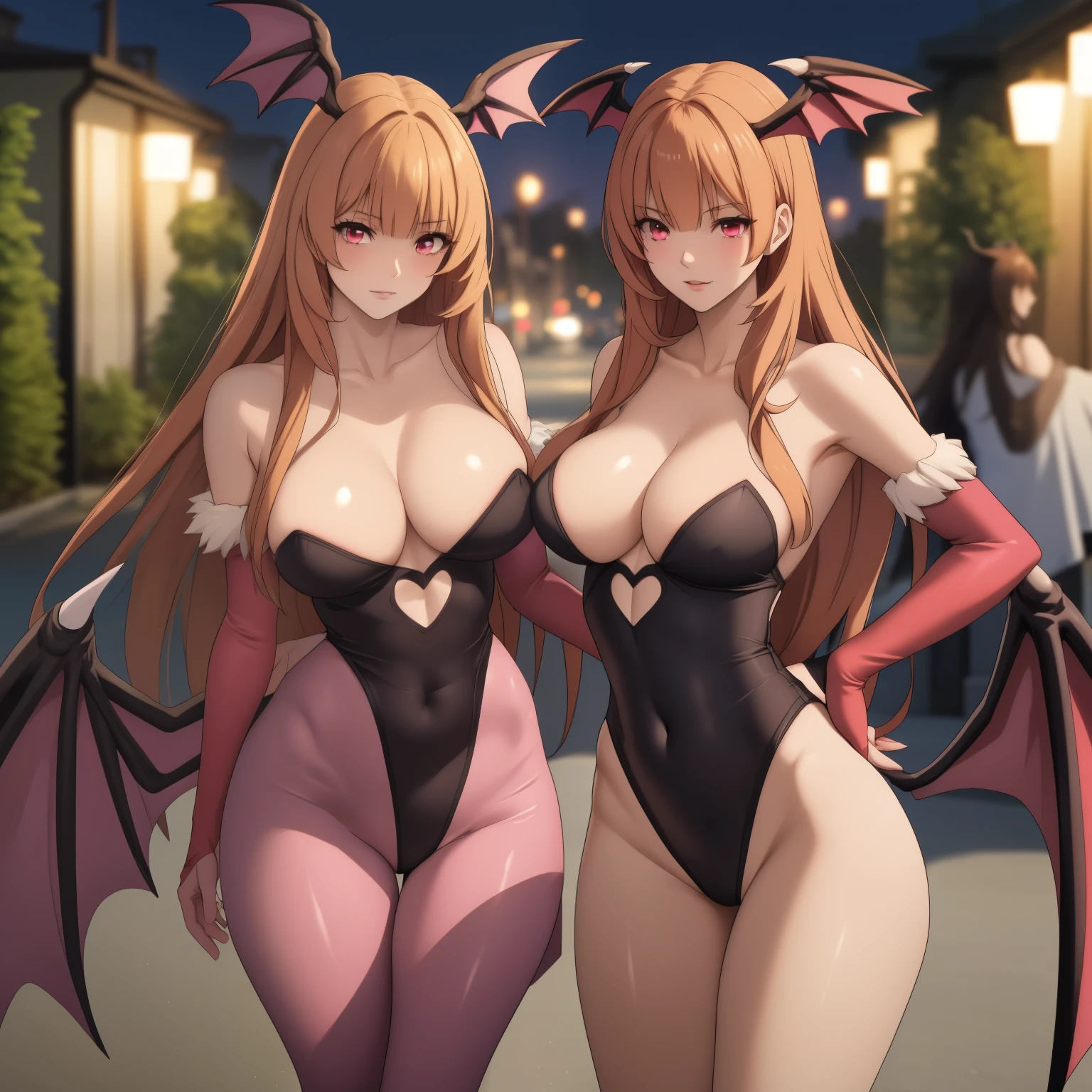 Raphtalia. , bear ears, red eyes, big breasts, orange blonde hair,   big breasts,  strapless leotard, separate short sleeves, thighs, purple eyes , standing ,pink transparent elbow length gloves, sheer pink tights, , sporting a custom Morrigan Aensland outfit ,on the street at night. 1 single woman. alone girl.