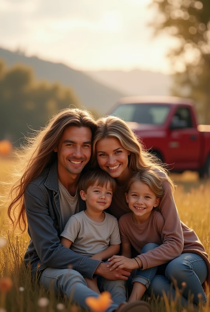 A happy family consisting of a brown-haired father, a mother with long brown hair, with her blonde daughter and her son, in a beautiful landscape with his red Dodge RAM pickup truck in the background