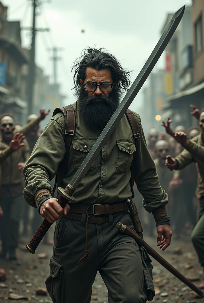 Hairy man, with glasses and beard, killing zombies in the zombie apocalypse with a katana