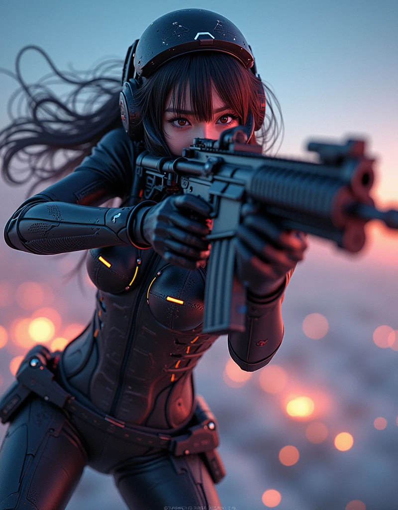 photo-realistic, ultra-realistic, very beautiful Japanese, famous Japanese idol but the strongest soldier in the world, 20 years old, dramatic scene, masterpiece, beautiful eyes, (extremely intricated with extremely complex cyber punk mecha armored full-face gas mask:1.5), (wearing the absolute strongest cyber punk mecha-suits with neon marker:1.5), (She uses the ultra high power rocket engine thruster on her back to flying high speed in the sky:1.5), amazing view from sky at night, smile, acrobatic pose, dynamic angle, (aim and shoot:1.3), spectacular and intense aerial battles, Nimble movements, Sharp turns, (very large breasts), (Fully equipped for battle:1.3), (holding m4a1 large assault rifle:1.2),