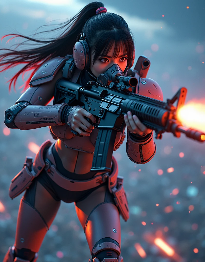 photo-realistic, ultra-realistic, very beautiful Japanese, famous Japanese idol but the strongest soldier in the world, 20 years old, dramatic scene, masterpiece, beautiful eyes, (extremely intricated with extremely complex cyber punk mecha armored full-face gas mask:1.5), (wearing the absolute strongest cyber punk mecha-suits with neon marker:1.5), (She uses the ultra high power rocket engine thruster on her back to flying high speed in the sky:1.5), amazing view from sky at night, smile, acrobatic pose, dynamic angle, (aim and shoot:1.3), spectacular and intense aerial battles, Nimble movements, Sharp turns, (very large breasts), (Fully equipped for battle:1.3), (holding m4a1 large assault rifle:1.2),