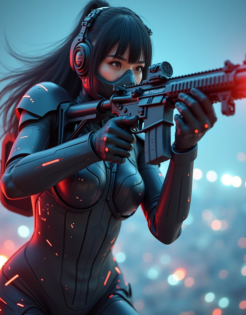 photo-realistic, ultra-realistic, very beautiful Japanese, famous Japanese idol but the strongest soldier in the world, 20 years old, dramatic scene, masterpiece, beautiful eyes, (extremely intricated with extremely complex cyber punk mecha armored full-face gas mask:1.5), (wearing the absolute strongest cyber punk mecha-suits with neon marker:1.5), (She uses the ultra high power rocket engine thruster on her back to flying high speed in the sky:1.5), amazing view from sky at night, smile, acrobatic pose, dynamic angle, (aim and shoot:1.3), spectacular and intense aerial battles, Nimble movements, Sharp turns, (very large breasts), (Fully equipped for battle:1.3), (holding m4a1 large assault rifle:1.2),