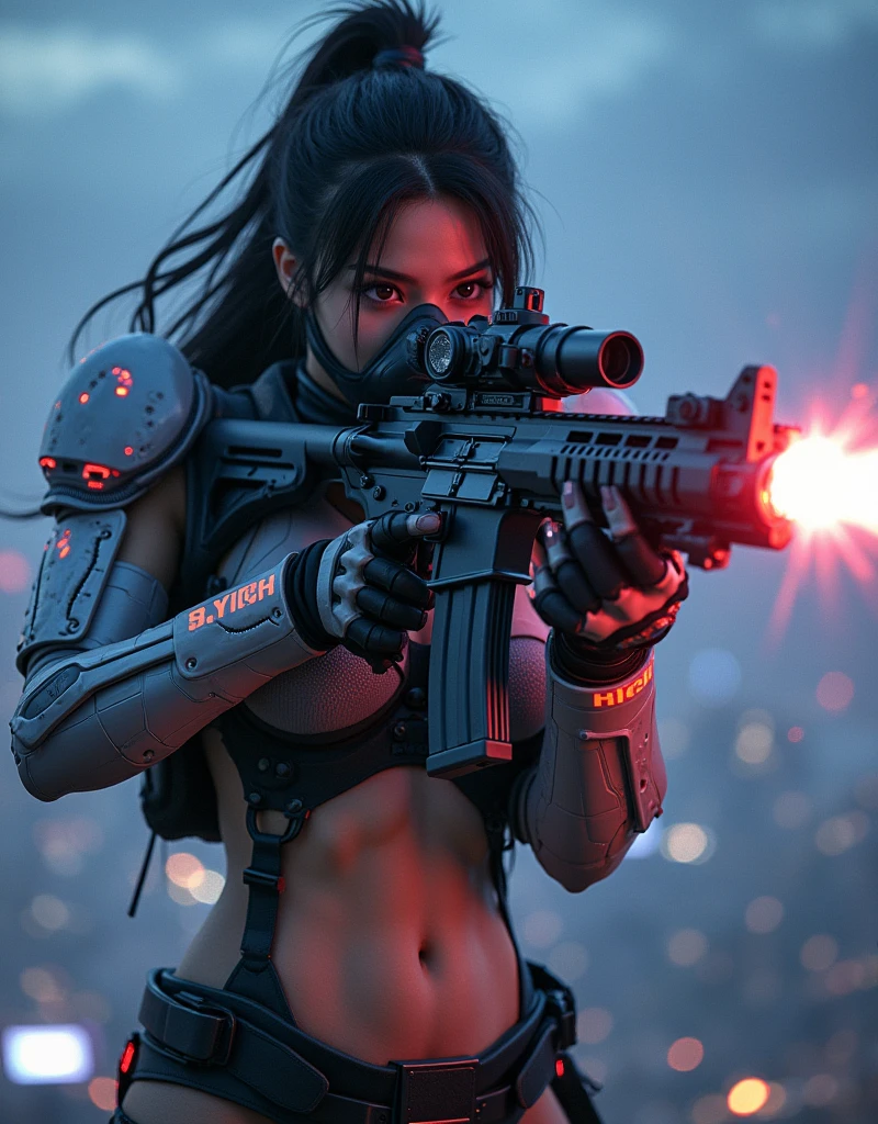 photo-realistic, ultra-realistic, very beautiful Japanese, famous Japanese idol but the strongest soldier in the world, 20 years old, dramatic scene, masterpiece, beautiful eyes, (extremely intricated with extremely complex cyber punk mecha armored full-face gas mask:1.5), (wearing the absolute strongest cyber punk mecha-suits with neon marker:1.5), (She uses the ultra high power rocket engine thruster on her back to flying high speed in the sky:1.5), amazing view from sky at night, smile, acrobatic pose, dynamic angle, (aim and shoot:1.3), spectacular and intense aerial battles, Nimble movements, Sharp turns, (very large breasts), (Fully equipped for battle:1.3), (holding m4a1 large assault rifle:1.2),