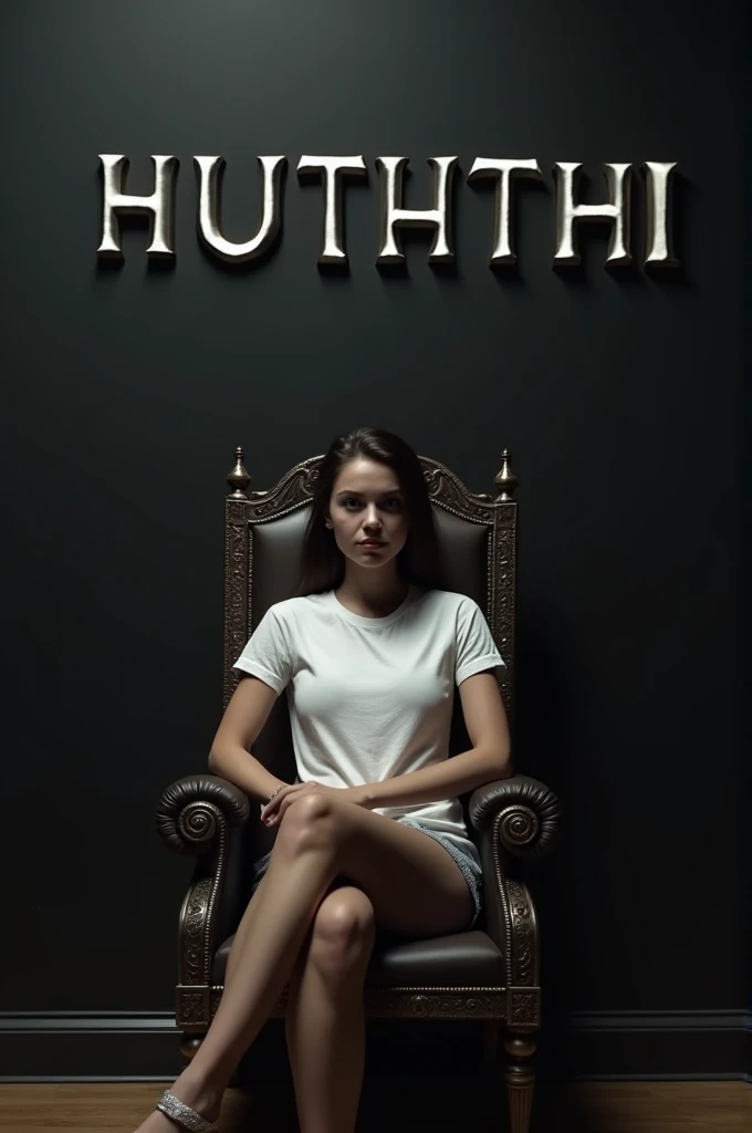 in a white t-shirt sits on a throne with a black wall behind her. "HUTHTHI" is written on that wall in 3D and she should not have any shadow and she should appear from a 3D angle.