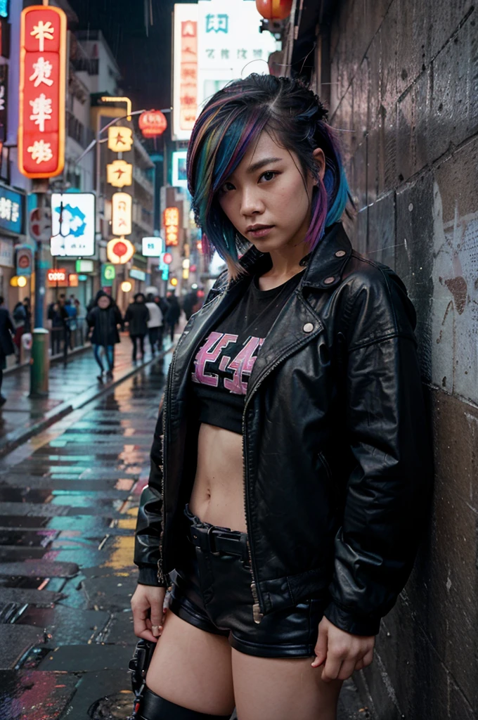 1girl, Chinese, punk,cyberpunk, rain city, china town, leather jacket, rainbow color hair, leaning against a wall