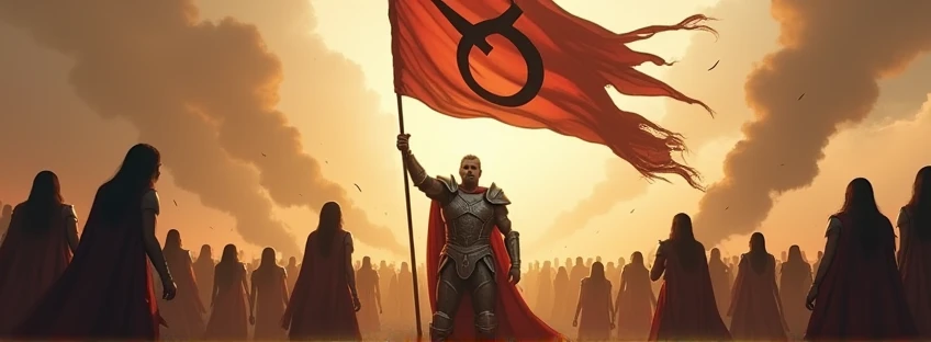 crie uma imagem de um guerreiro segurando uma bandeira com este símbolo ♂ estampado nela, winning a war with defeated women around him