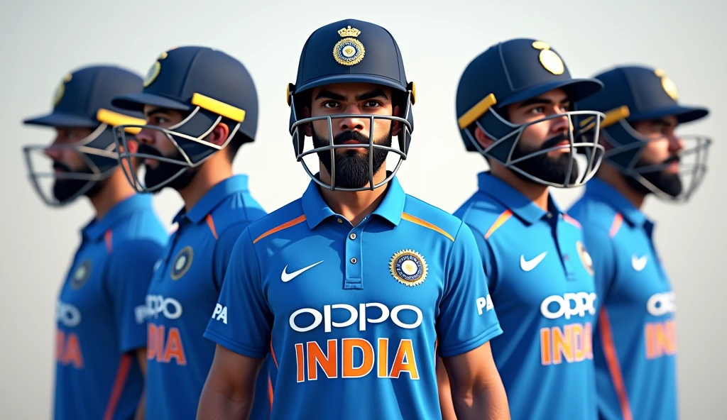 Give me a cricket player Virat Kohli with INDIA written on his blue jersey and wearing a cricket helmet,Nine views,drop shadow, anaglyph, stereogram, tachi-e, pov, atmospheric perspective, 8k, super detail, best quality