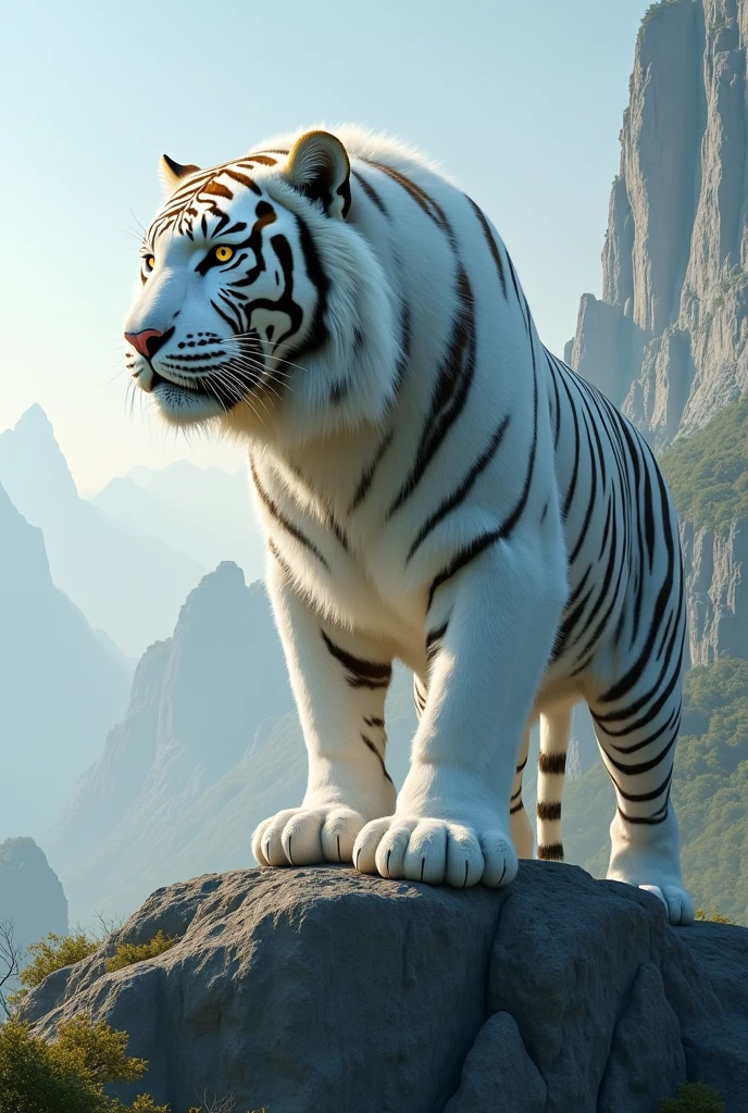 Giant white Tiger Chinese divine beast,towering over the 8 km mountain ,super big size ,sharp claw,golden line on entire body,Giant size,white and black furr pattern,detailed,face detailed,body detailed, masterpiece,24K ultra hd, better quality