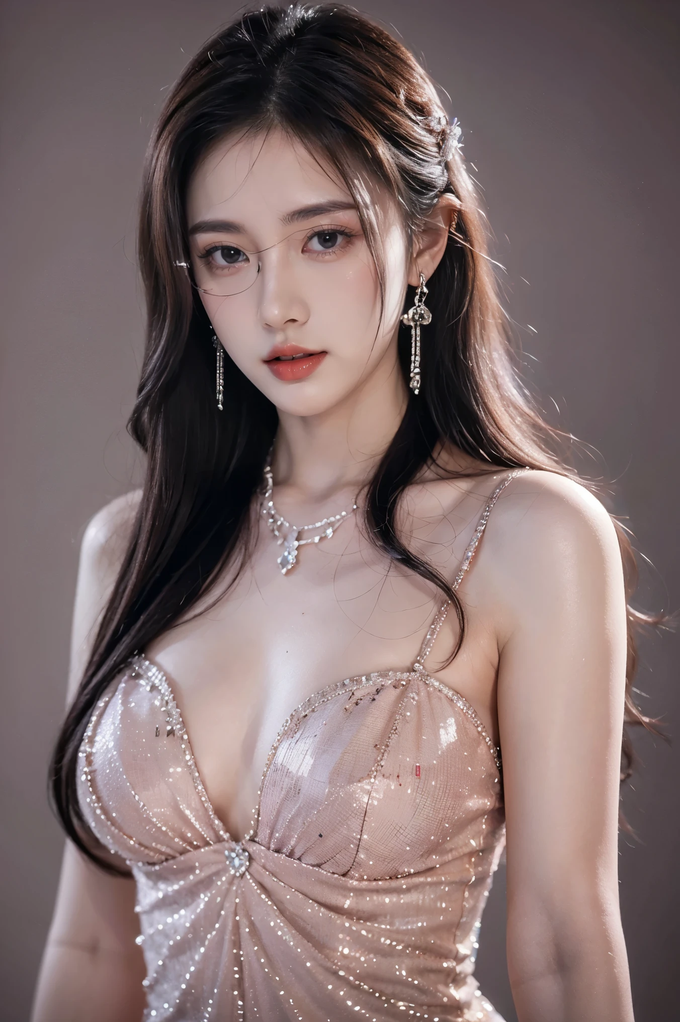 full body, fit screen, Top CG, Highest image quality, masterpiece, Gentle and beautiful girl, (fit), Imperial sister, Queen temperament, White skin, perfect facial features, Bright Eyes, Seductive pose, Red lips, Beautiful and cold (A major breakthrough)), Beautiful and heroic, Soft and long hair, Glittering, Lace, net, Visible through clear skin, wear glasses, diamond earrings, Full body, ruby neckLace, Clear Background, (Purple evening dress), 8K Image Quality, (Realistic Portraits), Characters fill the screen, (Facial lighting), ((eternal)