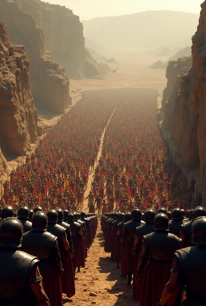 Battle of Thermopylae, the angle from above, should cover a large area, show Spartan soldiers on one side and thousands of Persian soldiers on the other, the soldiers should be wearing black armor