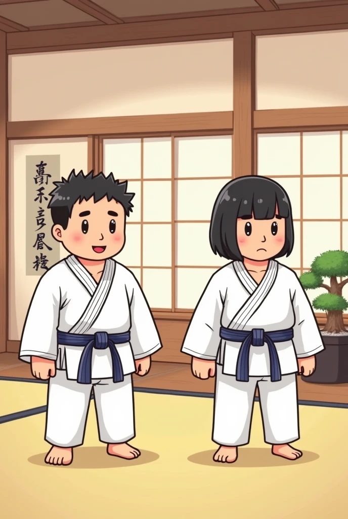 Simple cartoon style illustration of martial artists doing a Japanese bow with their hands beside their legs in a dojo