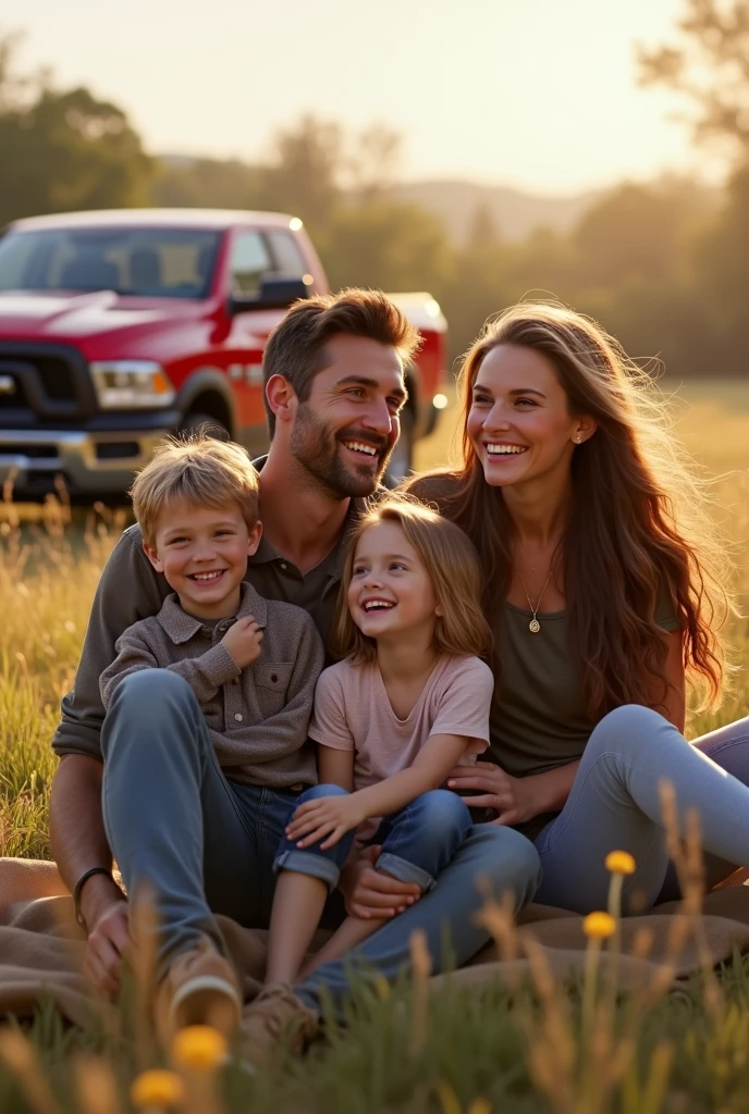 A happy family consisting of a brown-haired father, a mother with long brown hair, with her blonde daughter and her son, in a beautiful landscape with his red Dodge RAM pickup truck in the background