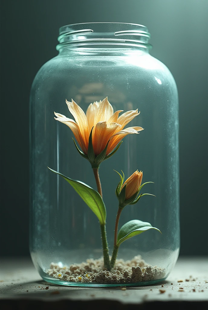 A flower fading under a glass jar