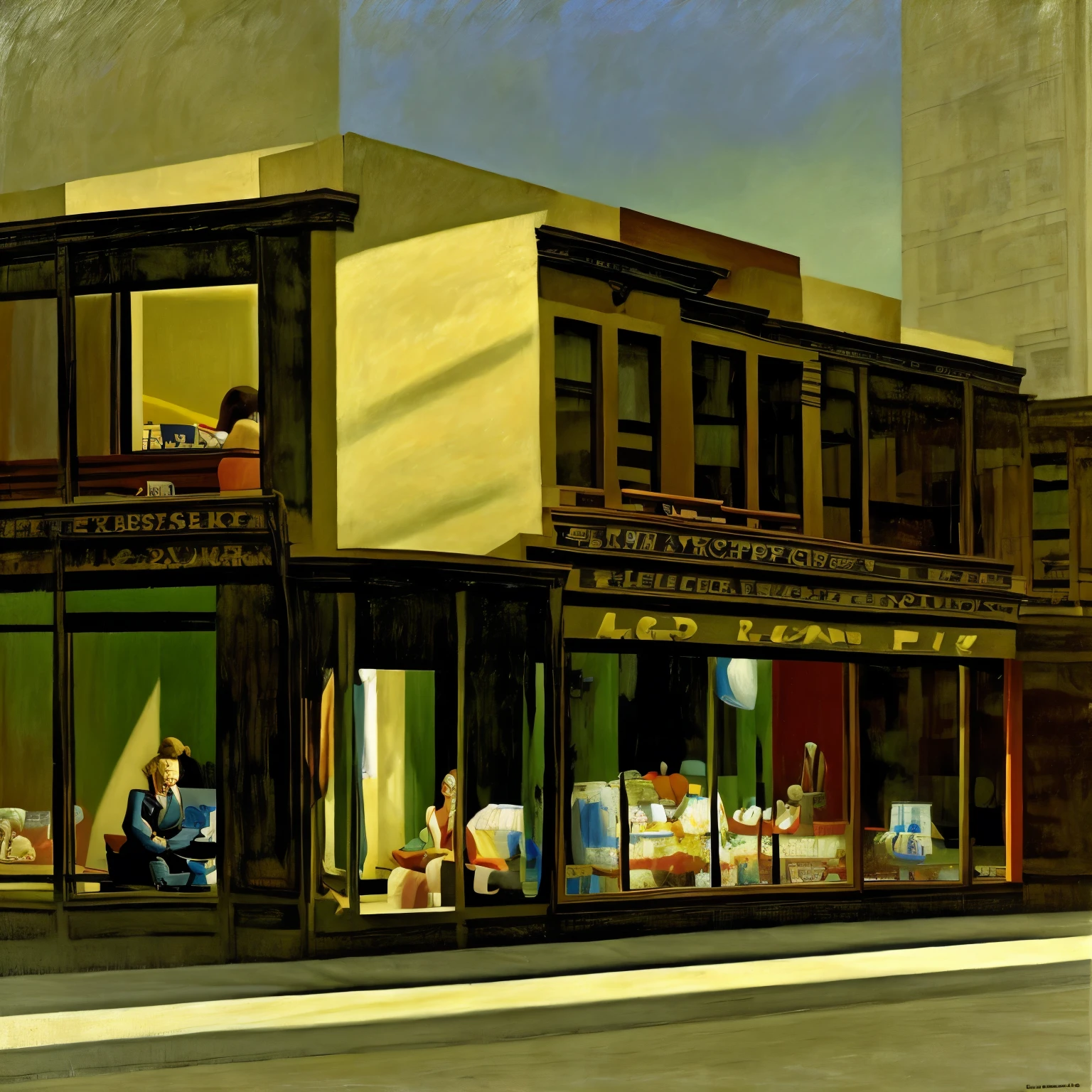 Ed Hop_style, Late night cafeteria painting, in style of Edward Hopper, Ed Hopper, Edward Hopper style, style of Edward Hopper, style Edward Hopper, Raphael Hopper, Edward Hooper, Inspired by George Rooks, Inspired by Edward Hopper, ( ( ( Edward Hopper ) ) ), Inspired by George Benjamin Lux, Edward Hopper painting, Edward Hopper vibe