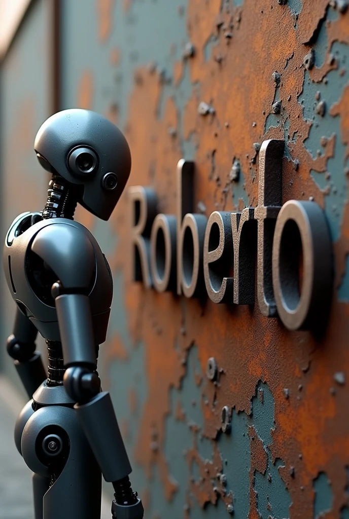 A robot watching and a locksmith welding the name of Roberto, the name that is made of iron and the weather is daytime and the background is random but that is seen from ther angle does not make it look straight, the angle that the name looks good