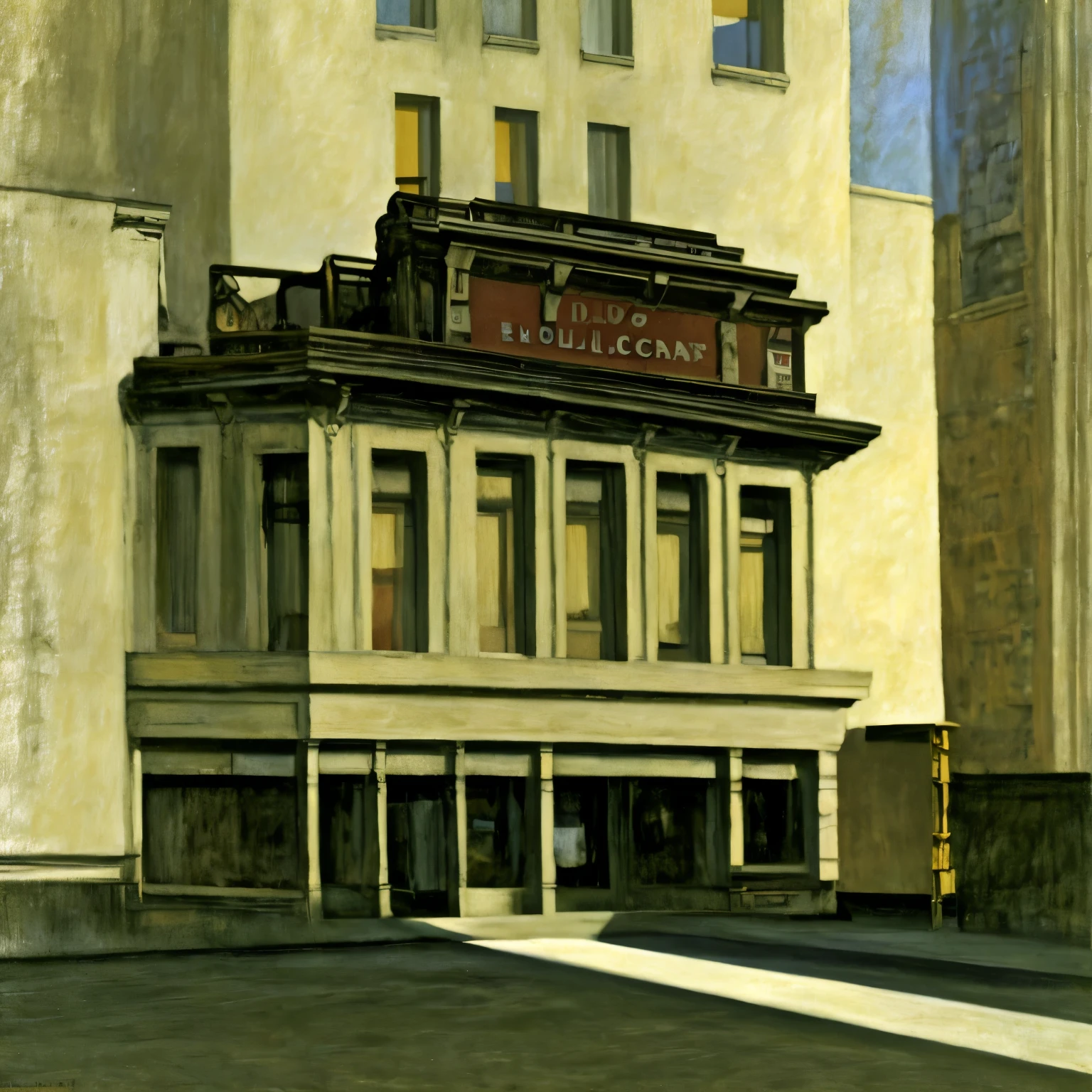 Ed Hop_style, A painting of a man leaning on the parapet in the central atrium of the Opera House, in style of Edward Hopper, Ed Hopper, Edward Hopper style, style of Edward Hopper, style Edward Hopper, Raphael Hopper, Edward Hooper, Inspired by George Rooks, Inspired by Edward Hopper, ( ( ( Edward Hopper ) ) ), Inspired by George Benjamin Lux, Edward Hopper painting, Edward Hopper vibe