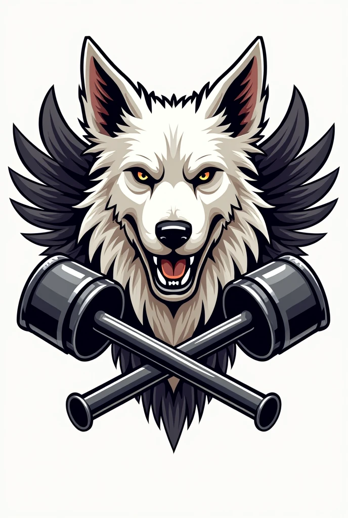 I need a coat of arms for a motorcycle club with an angry white border colie dog in the middle but only his bust, with small wings coming out from behind him on the sides, and two crossed pistons coming out of the bottom of the dog's head